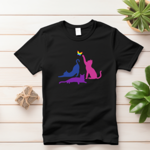 T shirt with three kittens streching and chasing a butterfly.